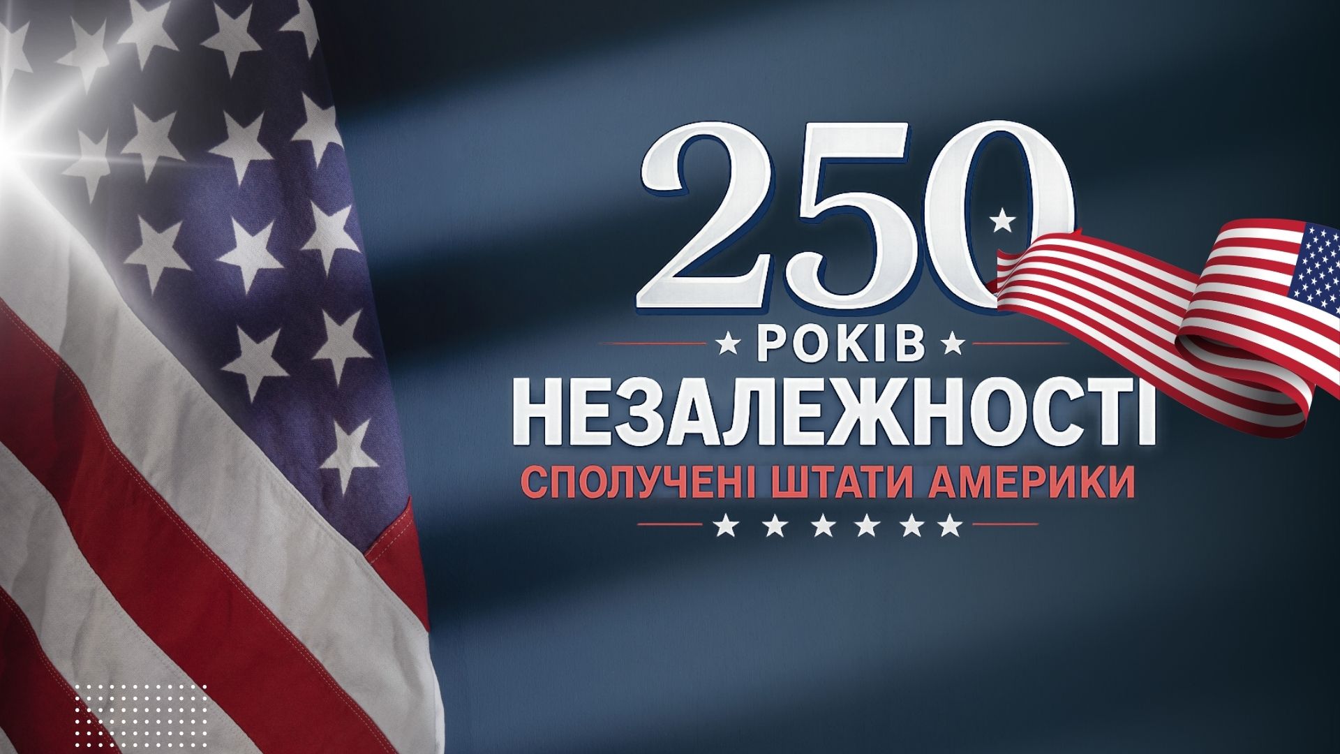 Банер із написом 250 років Незалежності Сполучені Штати Америки на тлі прапора США
