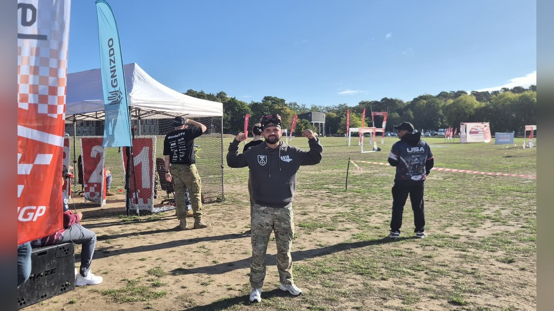 A Ukrainian pilot celebrates victory at the MIDRT UK 2026 drone race in the United Kingdom