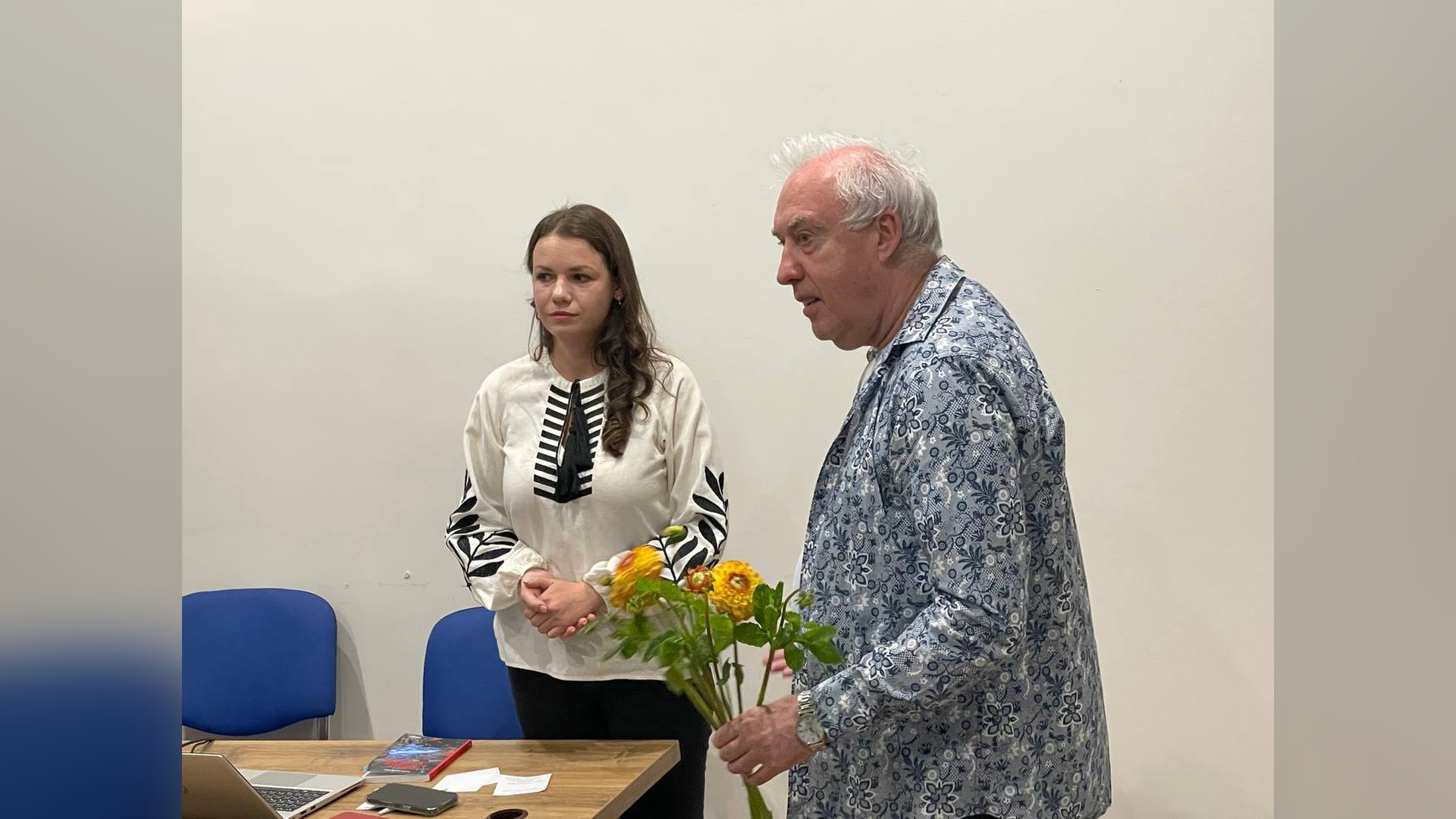 Kseniia Dvornikova and Rostyslav Prokopiuk at the presentation in Prague