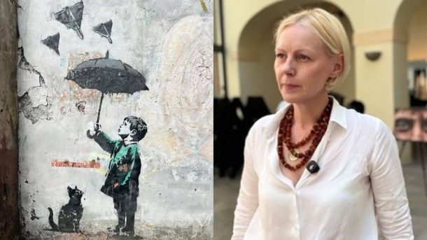 Колаж: графіті хлопчика з парасолькою та котиком під написом «Save Ukrainian Children» і портрет Ленки Віх у Празі