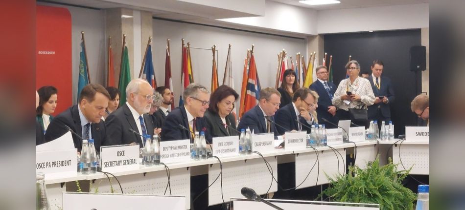 Пленарне засідання Варшавської конференції ОБСЄ з людського виміру 2026: делегати за столом на тлі прапорів держав-учасниць
