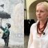 Колаж: графіті хлопчика з парасолькою та котиком під написом «Save Ukrainian Children» і портрет Ленки Віх у Празі