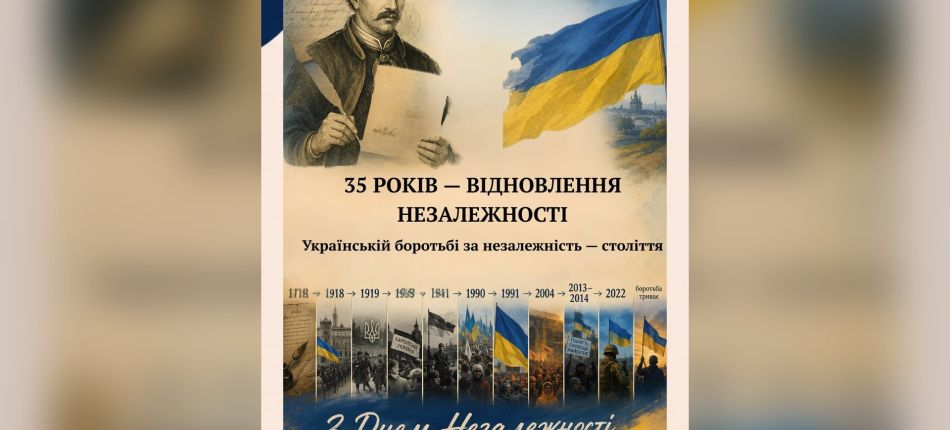 Плакат до 35-річчя відновлення незалежності України: портрет Пилипа Орлика, синьо-жовтий прапор та хронологія боротьби за незалежність від 1710 до 2022 року