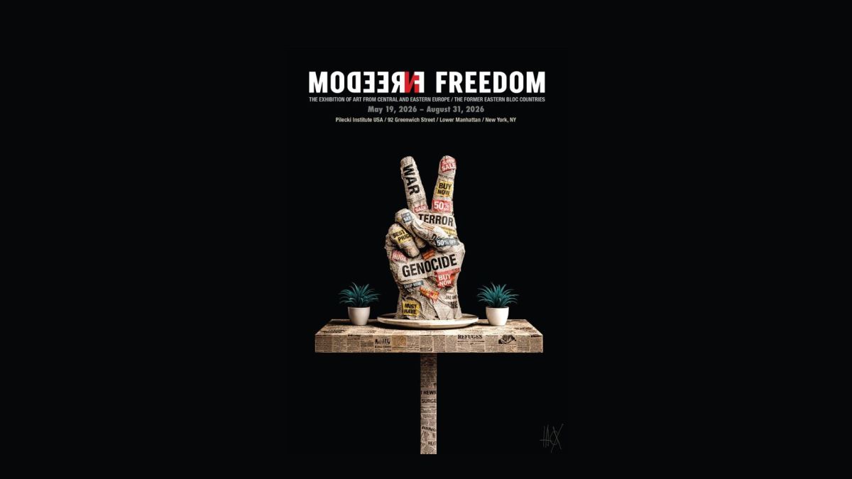 Постер виставки Modern Freedom у Нью-Йорку — рука з пальцями перемоги, обклеєна газетними вирізками зі словами WAR, TERROR, GENOCIDE