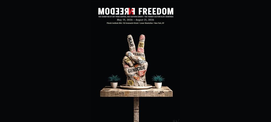 Постер виставки Modern Freedom у Нью-Йорку — рука з пальцями перемоги, обклеєна газетними вирізками зі словами WAR, TERROR, GENOCIDE