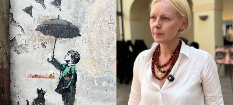 Колаж: графіті хлопчика з парасолькою та котиком під написом «Save Ukrainian Children» і портрет Ленки Віх у Празі