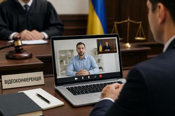 Учасник судового процесу бере участь у судовому засіданні онлайн через ноутбук, на екрані якого суддя та співрозмовник