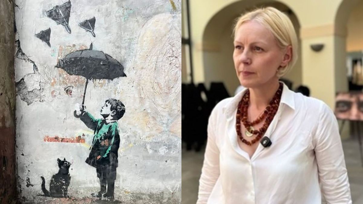 Колаж: графіті хлопчика з парасолькою та котиком під написом «Save Ukrainian Children» і портрет Ленки Віх у Празі