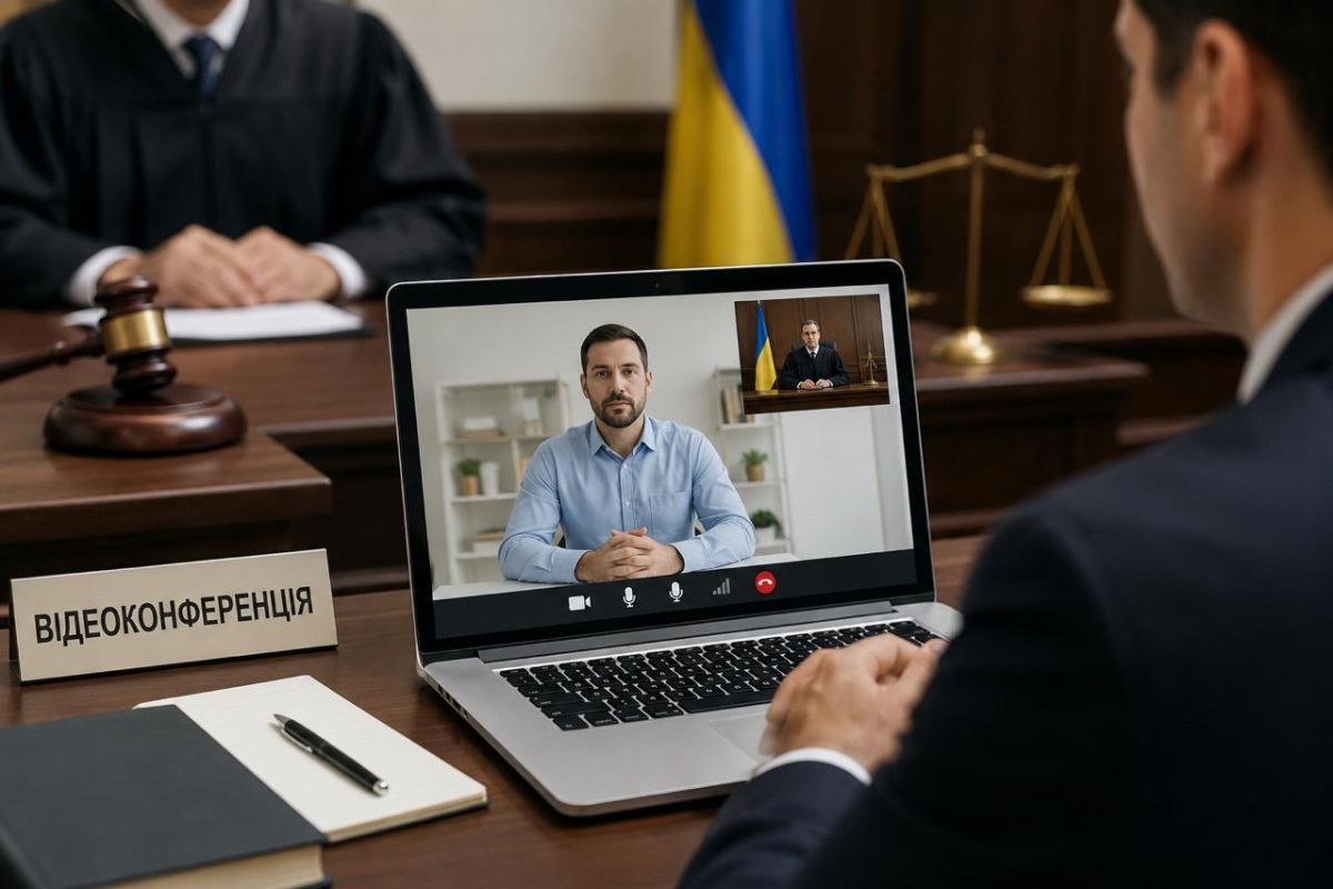 Учасник судового процесу бере участь у судовому засіданні онлайн через ноутбук, на екрані якого суддя та співрозмовник